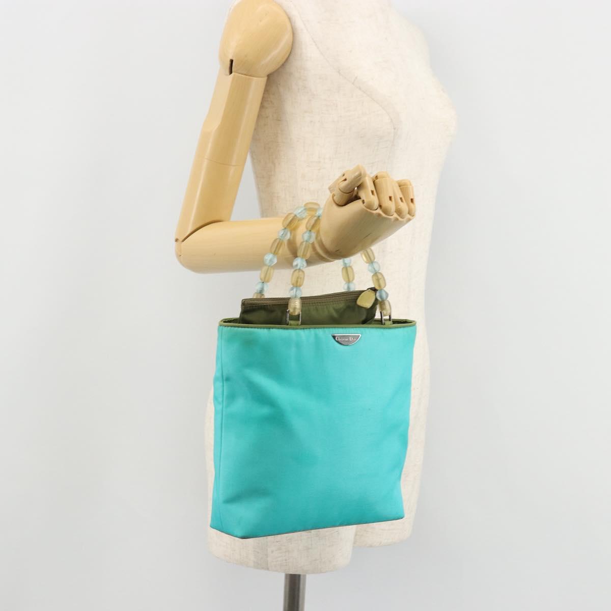 Christian Dior Maris Pearl Hand Bag Nylon Turquoise Blue Silver Auth BAZ685A