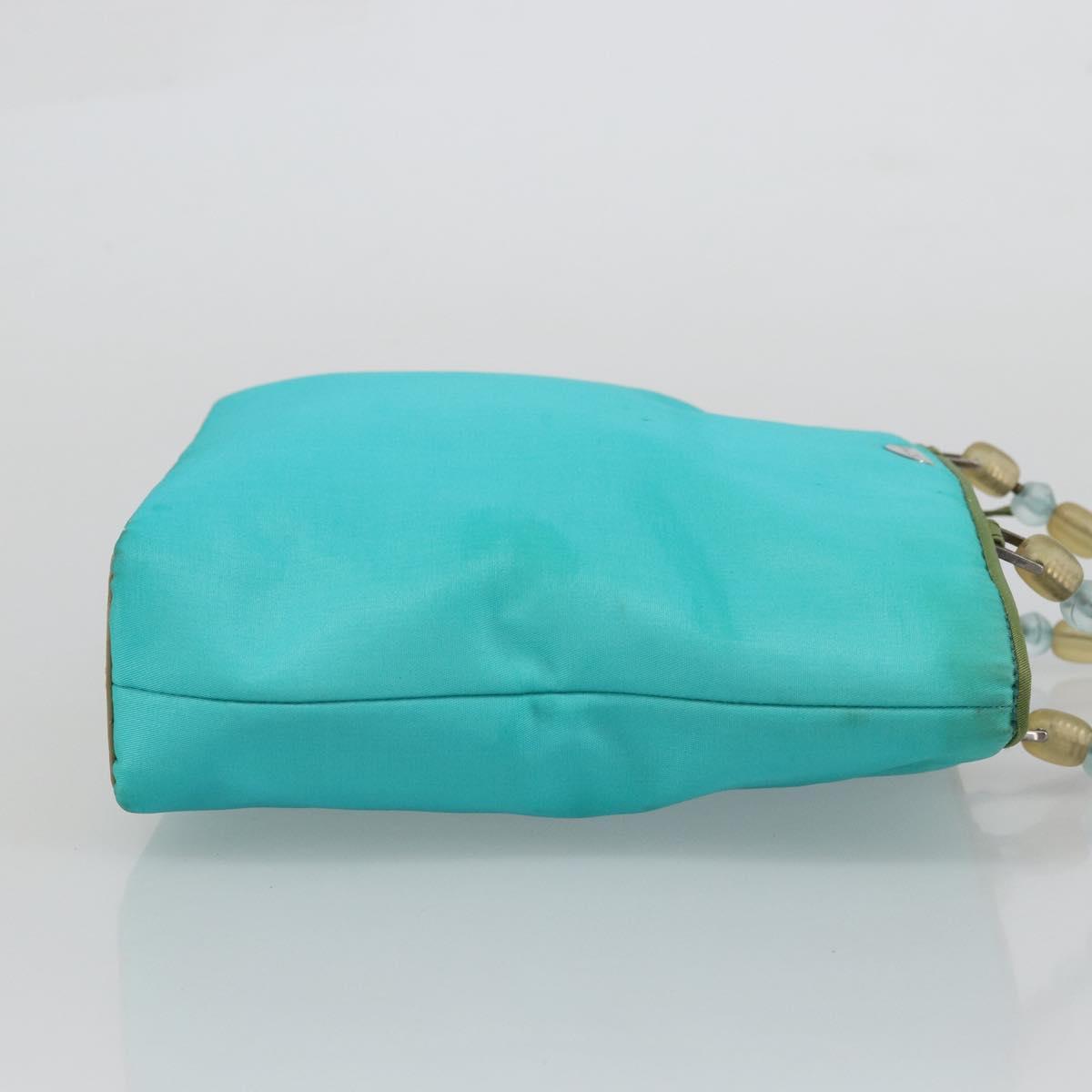 Christian Dior Maris Pearl Hand Bag Nylon Turquoise Blue Silver Auth BAZ685A