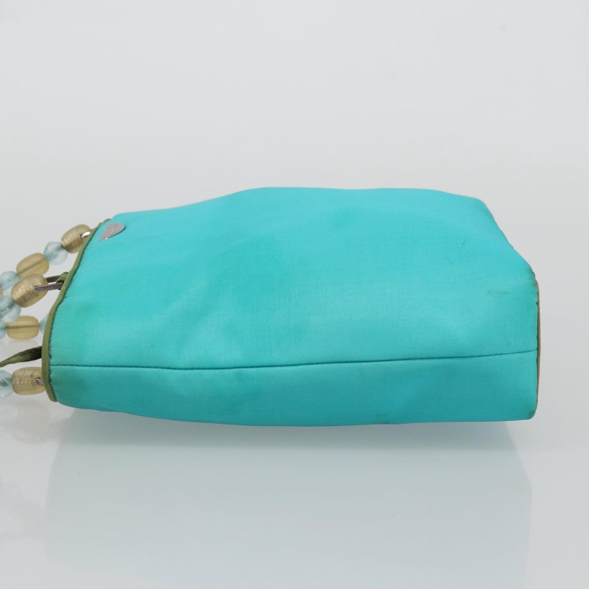Christian Dior Maris Pearl Hand Bag Nylon Turquoise Blue Silver Auth BAZ685A