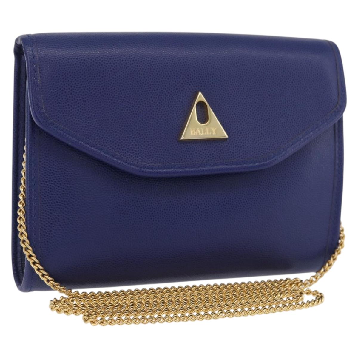 BALLY Chain Shoulder Bag Leather Blue Gold Auth BAZ686A