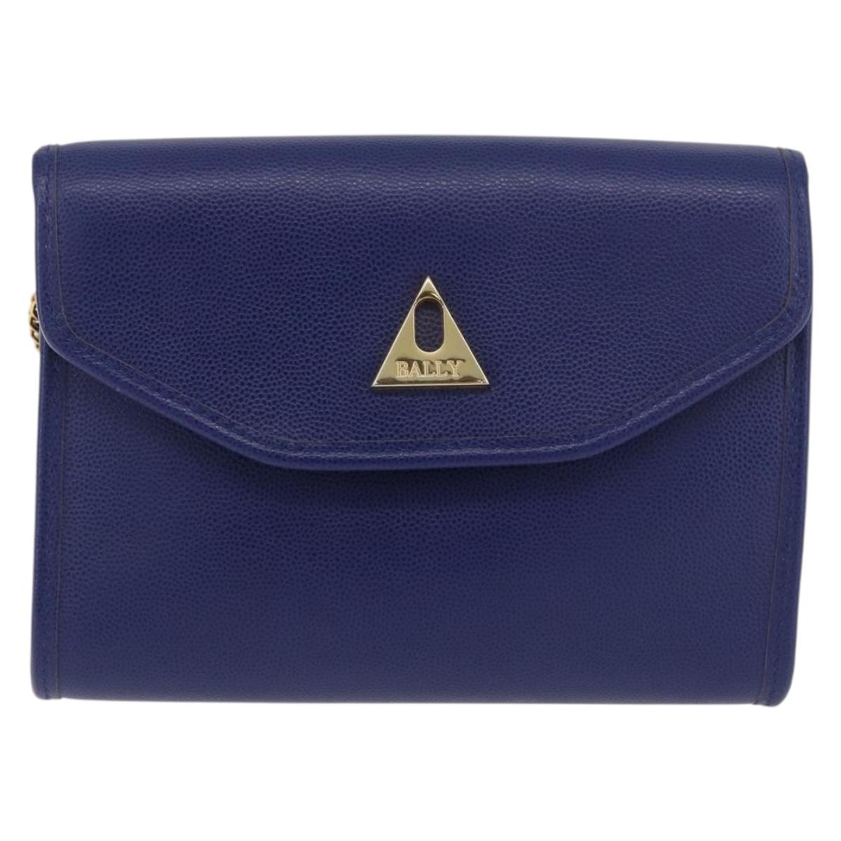 BALLY Chain Shoulder Bag Leather Blue Gold Auth BAZ686A