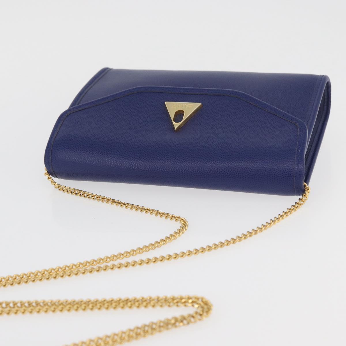 BALLY Chain Shoulder Bag Leather Blue Gold Auth BAZ686A