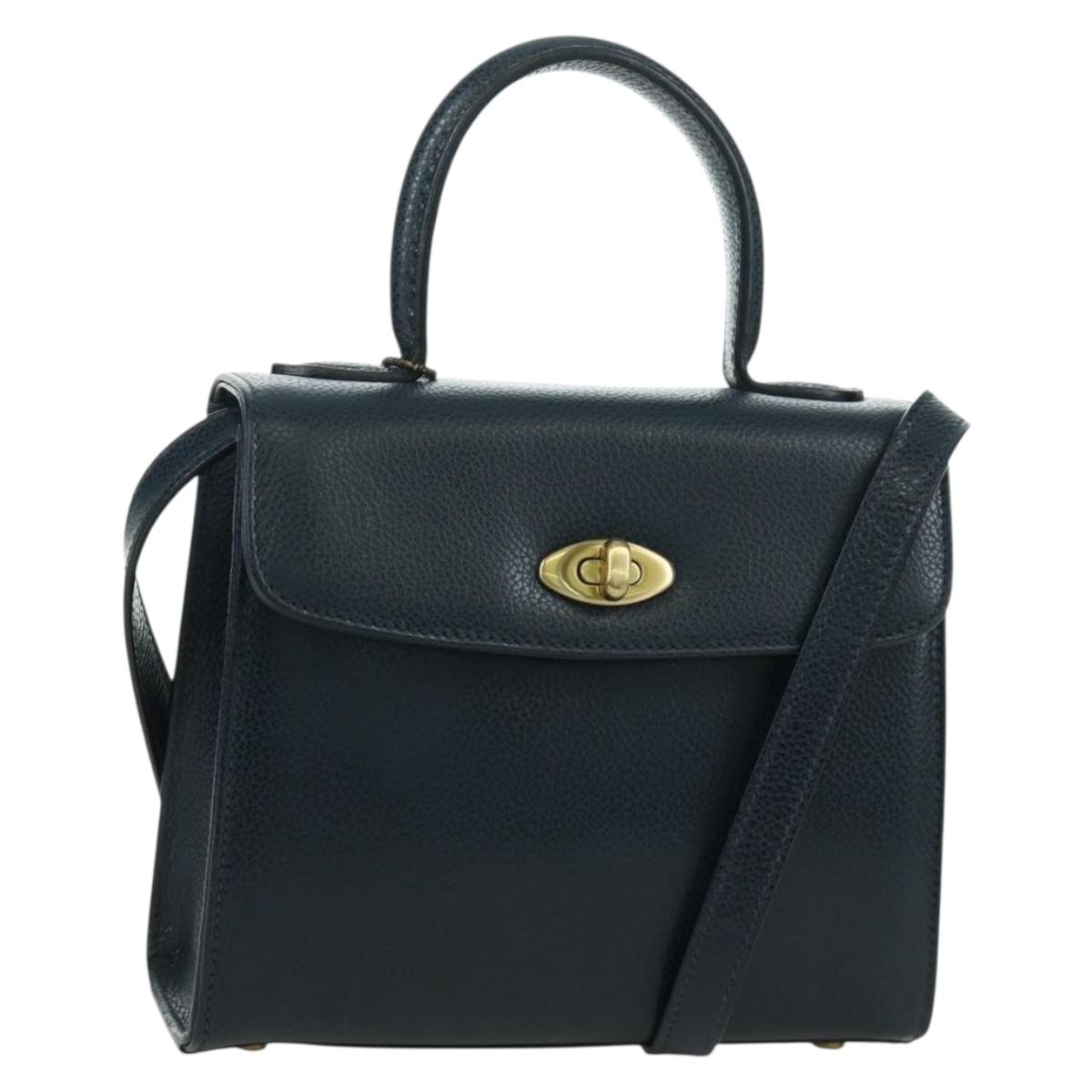 Coach Hand Bag Leather 2way Navy Gold Auth BAZ689A