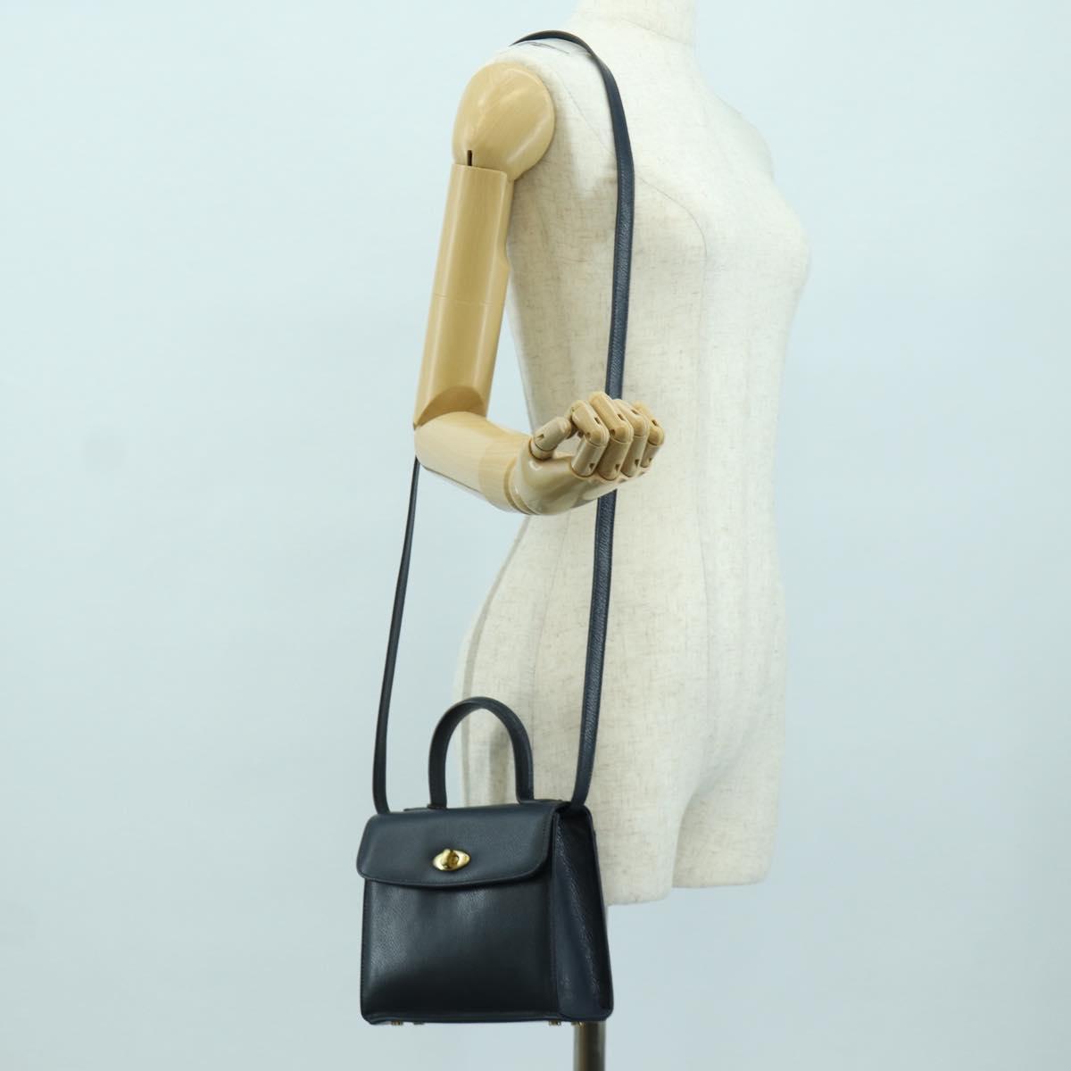 Coach Hand Bag Leather 2way Navy Gold Auth BAZ689A