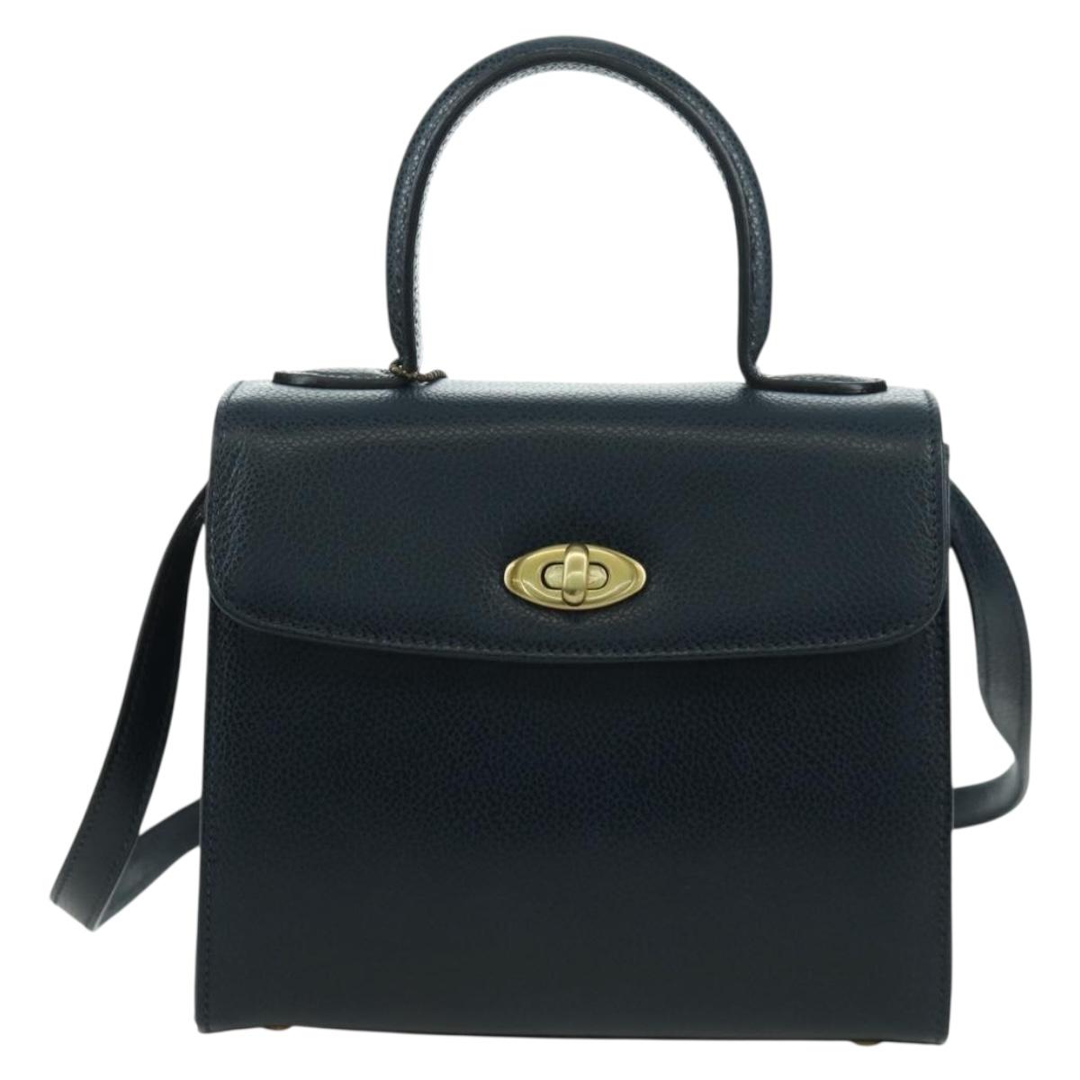 Coach Hand Bag Leather 2way Navy Gold Auth BAZ689A