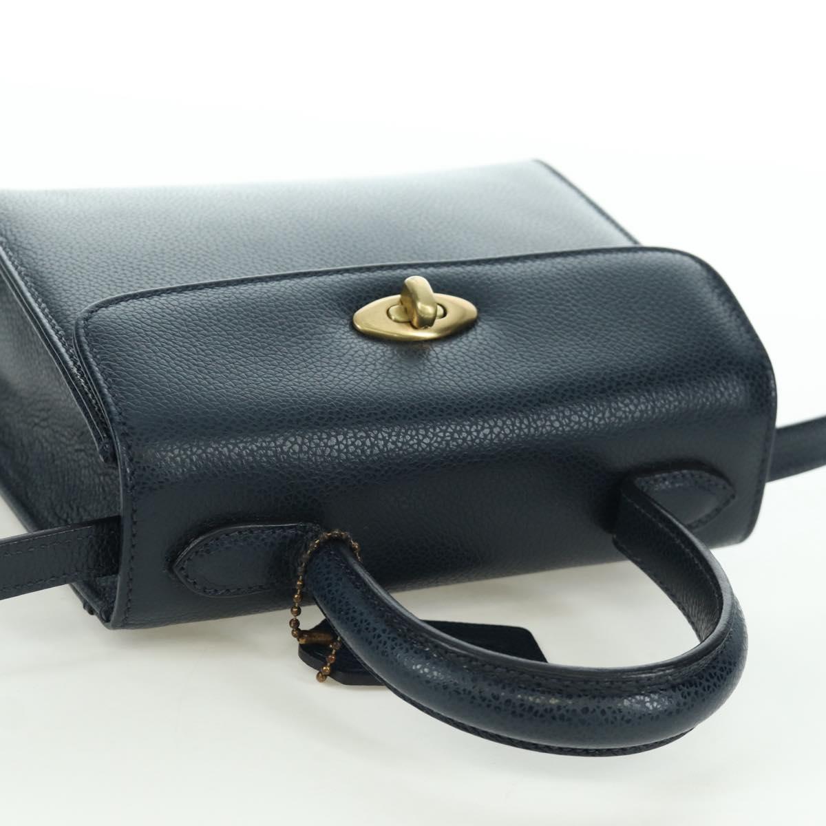 Coach Hand Bag Leather 2way Navy Gold Auth BAZ689A