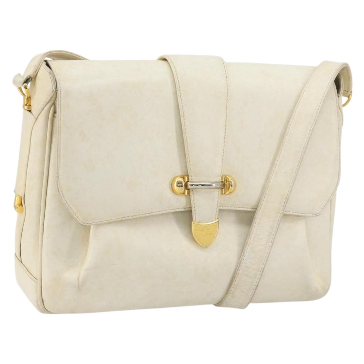 GUCCI Shoulder Bag Leather White Gold Auth BAZ692