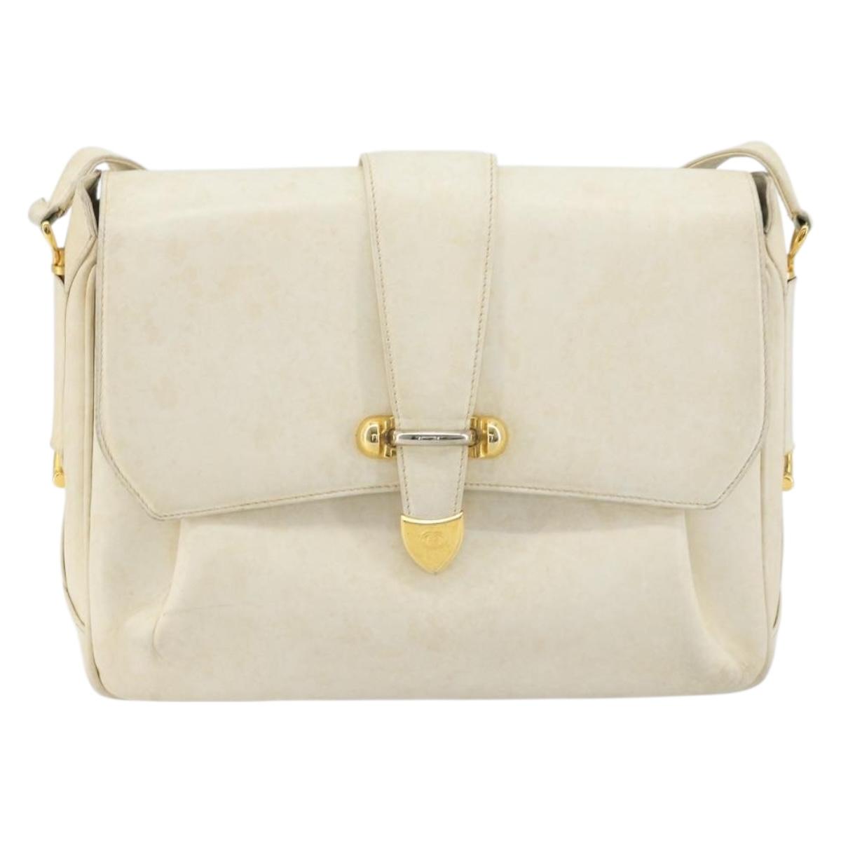 GUCCI Shoulder Bag Leather White Gold Auth BAZ692
