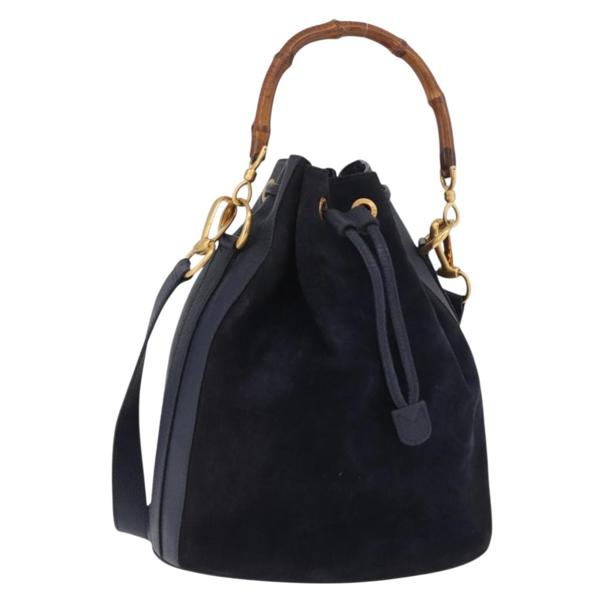 GUCCI Bamboo Horsebit Shoulder Bag Suede 2way Navy Gold Auth BAZ706