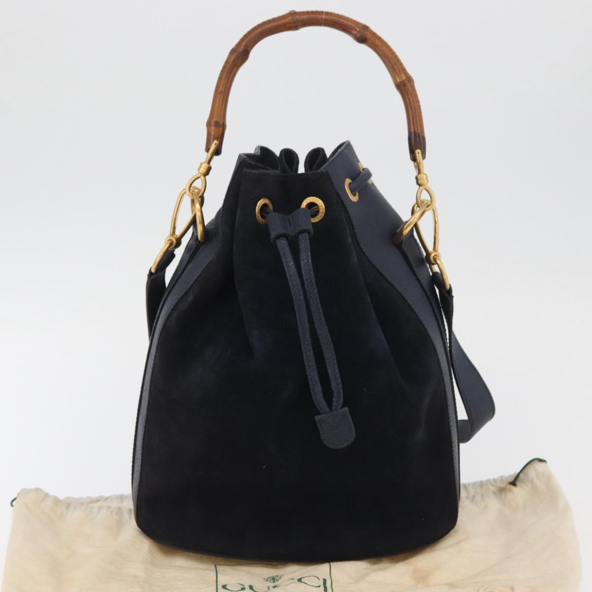 GUCCI Bamboo Horsebit Shoulder Bag Suede 2way Navy Gold Auth BAZ706