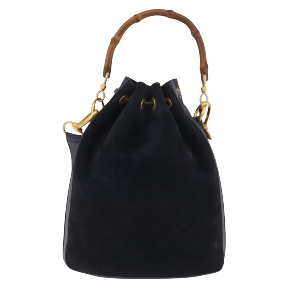 GUCCI Bamboo Horsebit Shoulder Bag Suede 2way Navy Gold Auth BAZ706