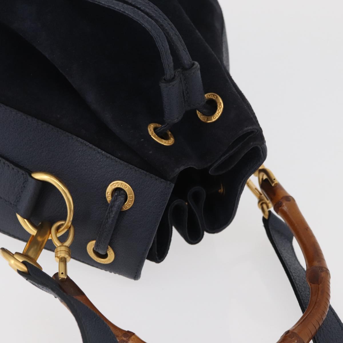 GUCCI Bamboo Horsebit Shoulder Bag Suede 2way Navy Gold Auth BAZ706