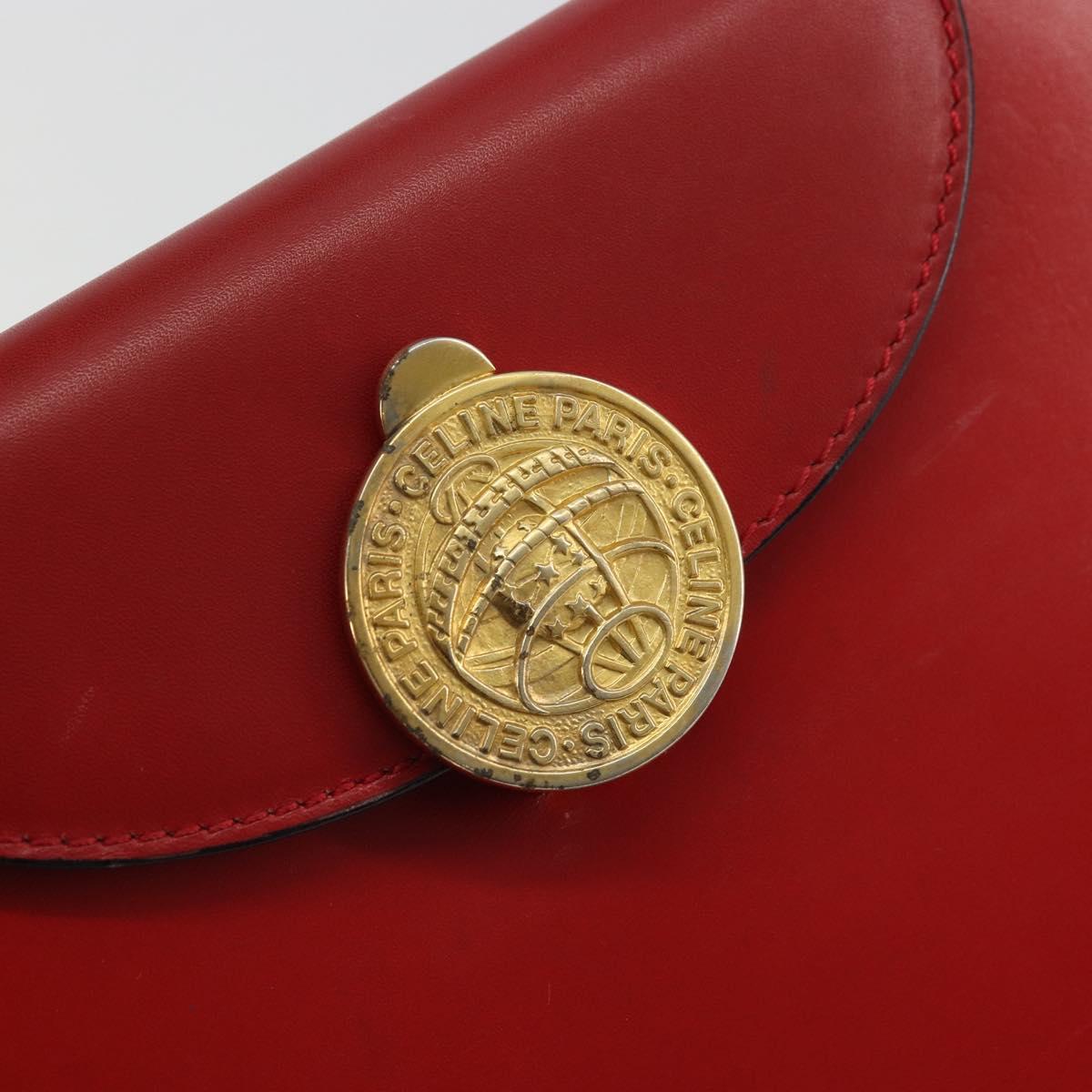 CELINE Medallion Hand Bag Leather Red Gold Auth BAZ711A