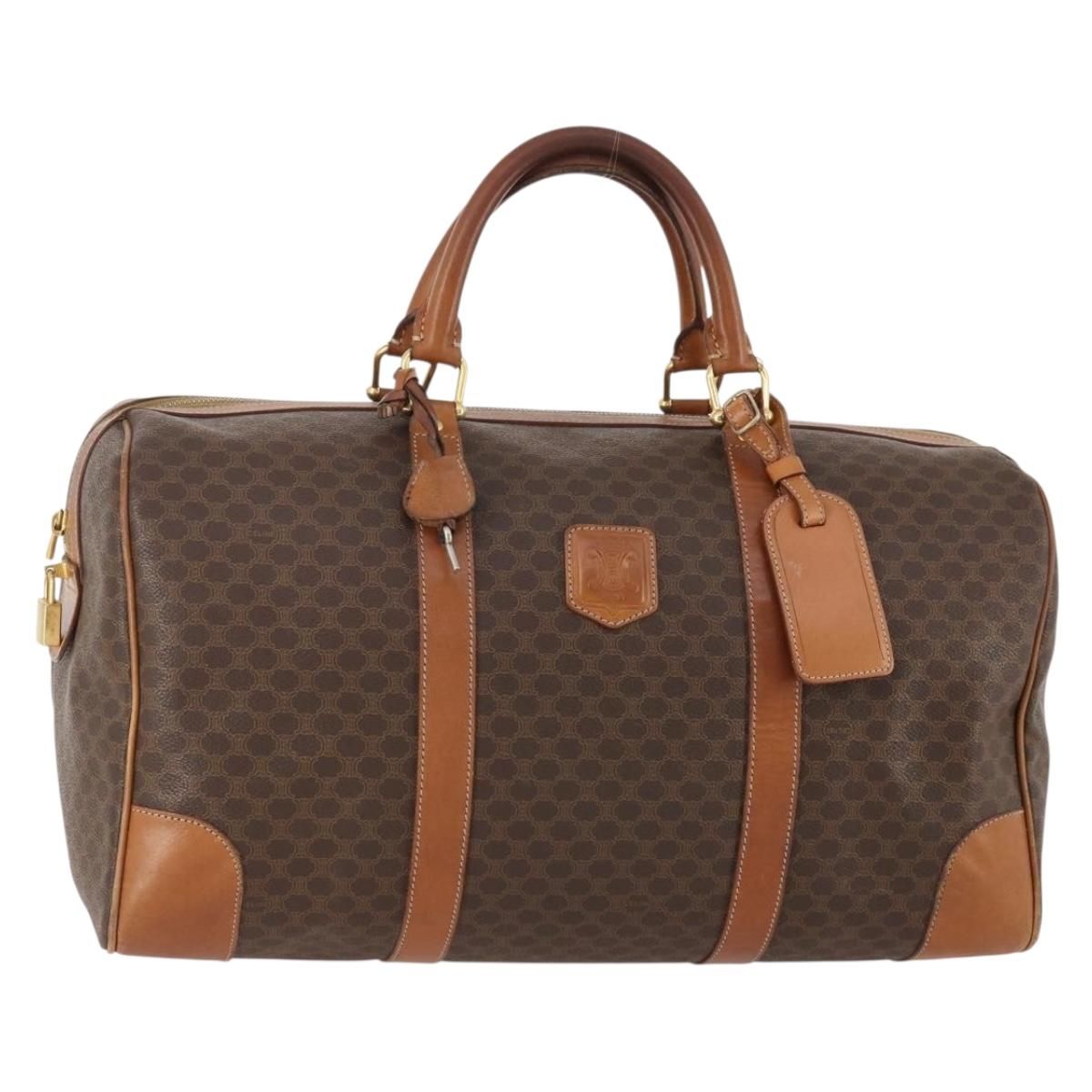 CELINE Macadam Canvas Boston Bag PVC Leather Brown Gold Auth BAZ722