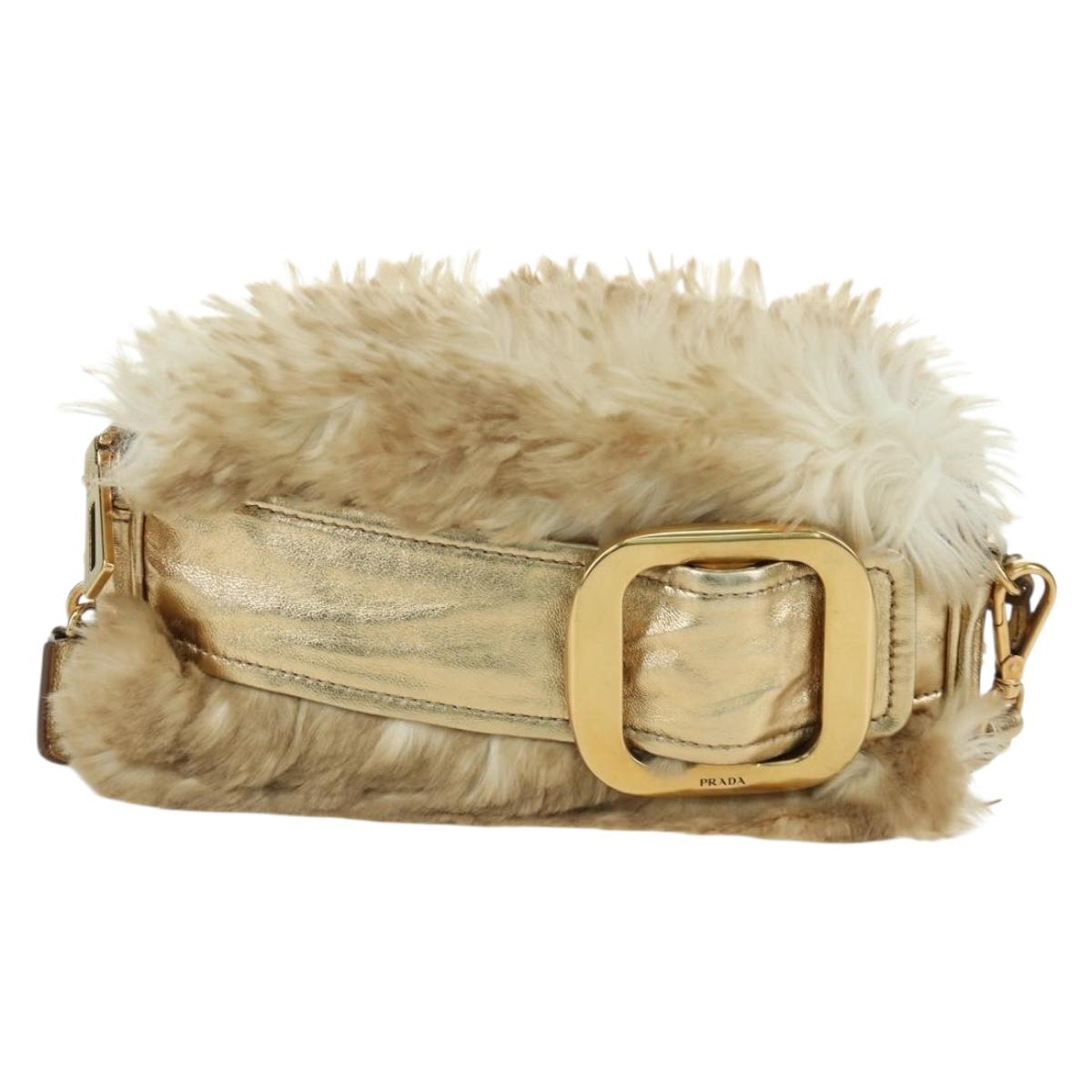 PRADA Shoulder Bag fur Beige Gold Auth BAZ731SM
