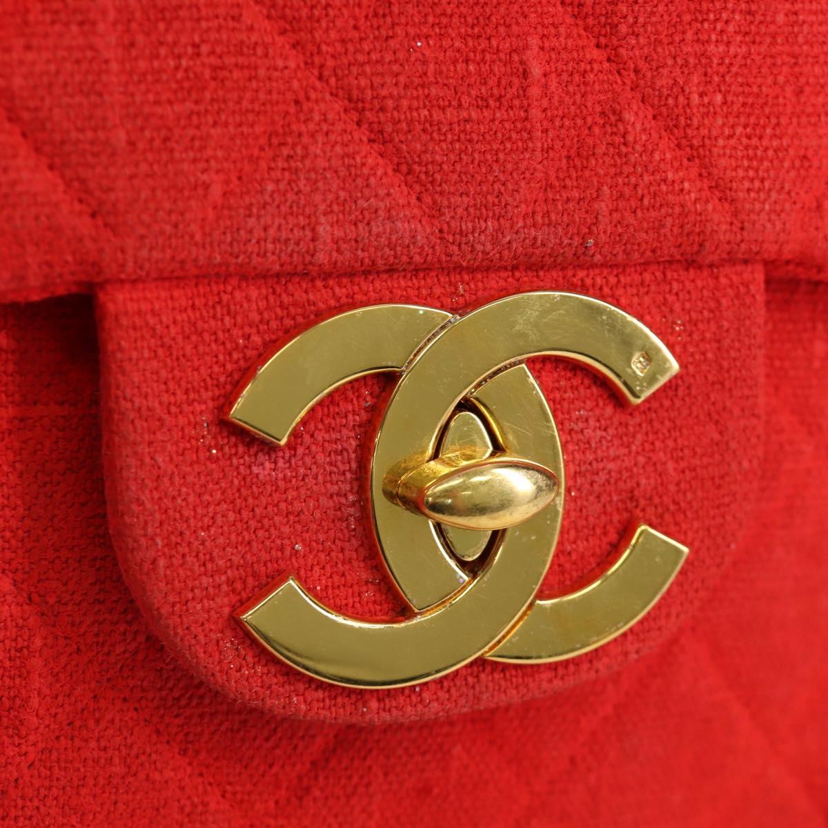 CHANEL Big Matelasse 35 Chain Shoulder Bag Canvas Gold Red CC Auth BAZ742V
