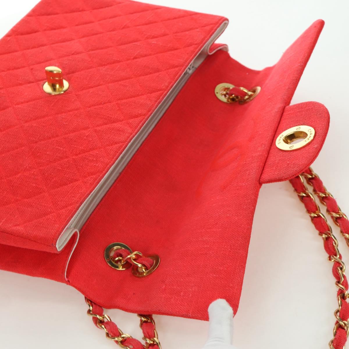 CHANEL Big Matelasse 35 Chain Shoulder Bag Canvas Gold Red CC Auth BAZ742V