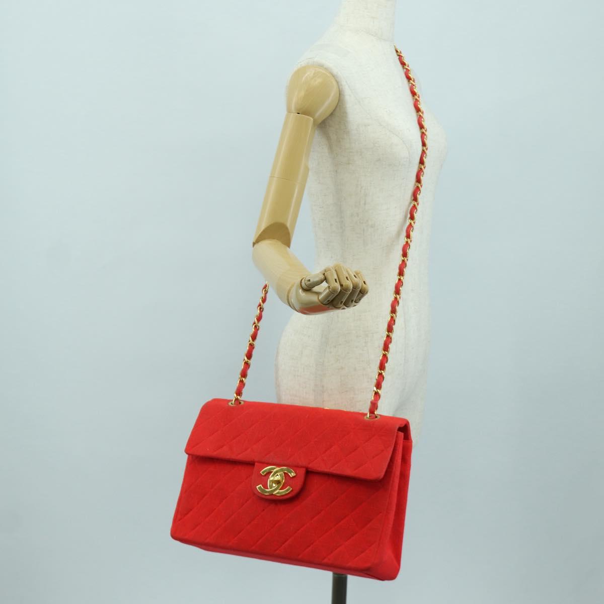 CHANEL Big Matelasse 35 Chain Shoulder Bag Canvas Gold Red CC Auth BAZ742V