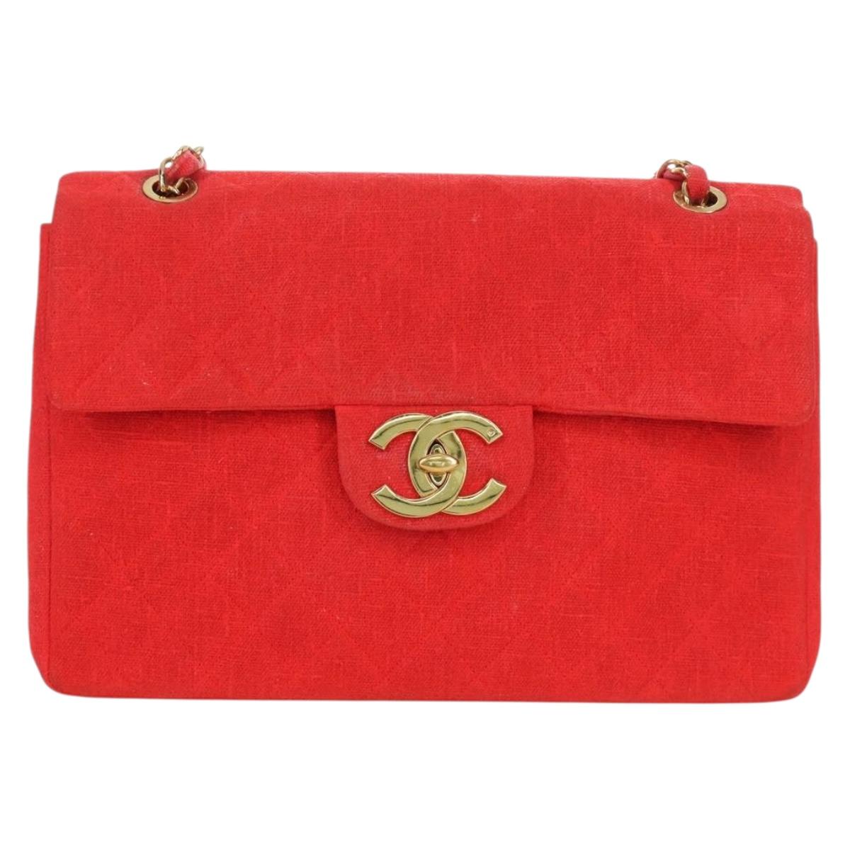 CHANEL Big Matelasse 35 Chain Shoulder Bag Canvas Gold Red CC Auth BAZ742V