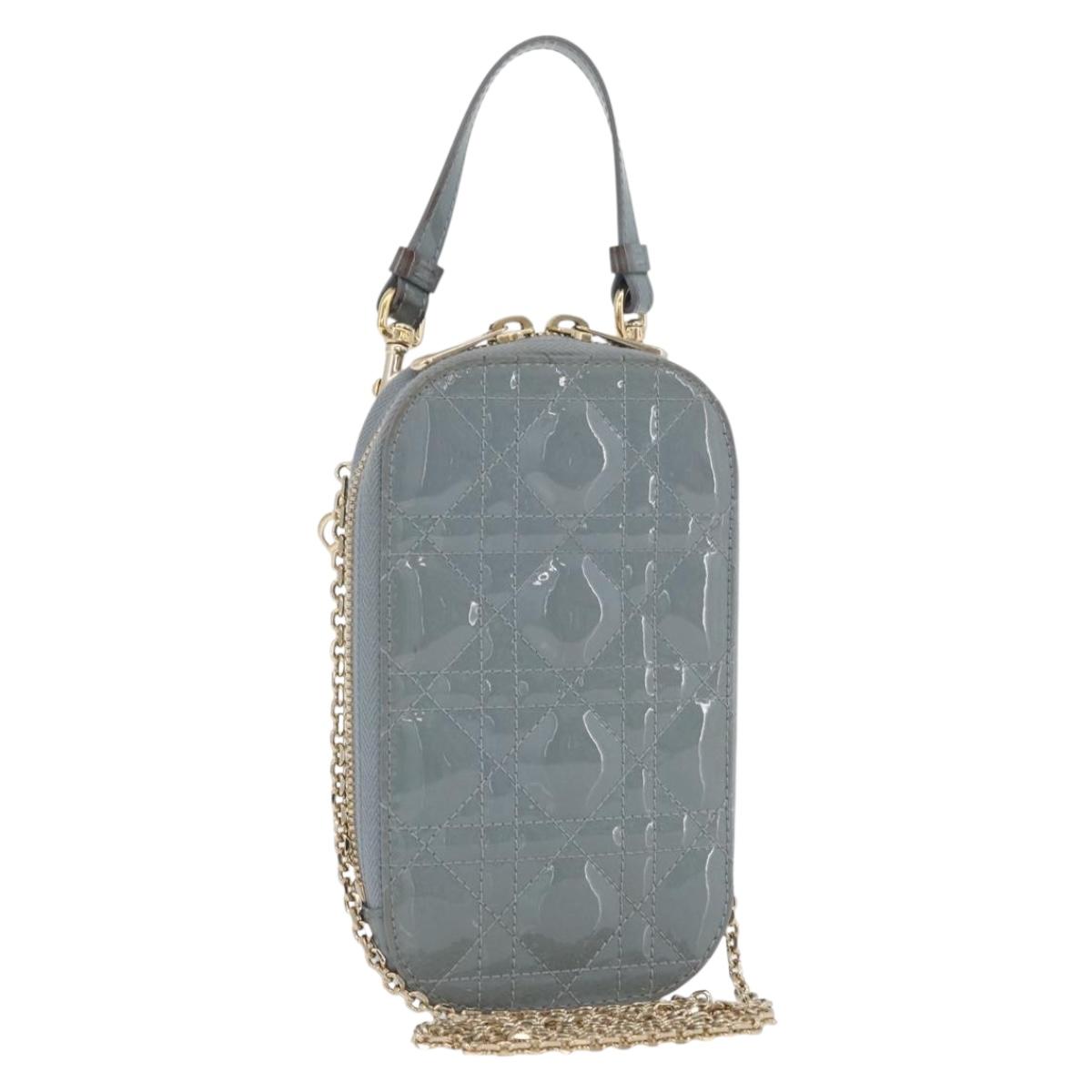 Christian Dior Cannage Chain Phone Pouch Bag Patent 2way Blue Gold Auth BAZ749A