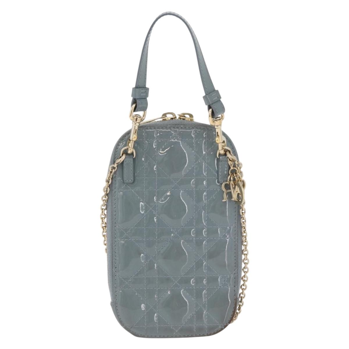 Christian Dior Cannage Chain Phone Pouch Bag Patent 2way Blue Gold Auth BAZ749A