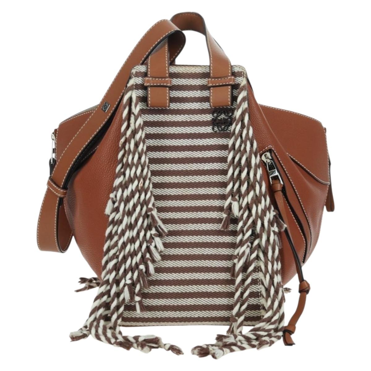 LOEWE Hammock Small Hand Bag Canvas Leather 2way Brown Silver Auth BAZ780V