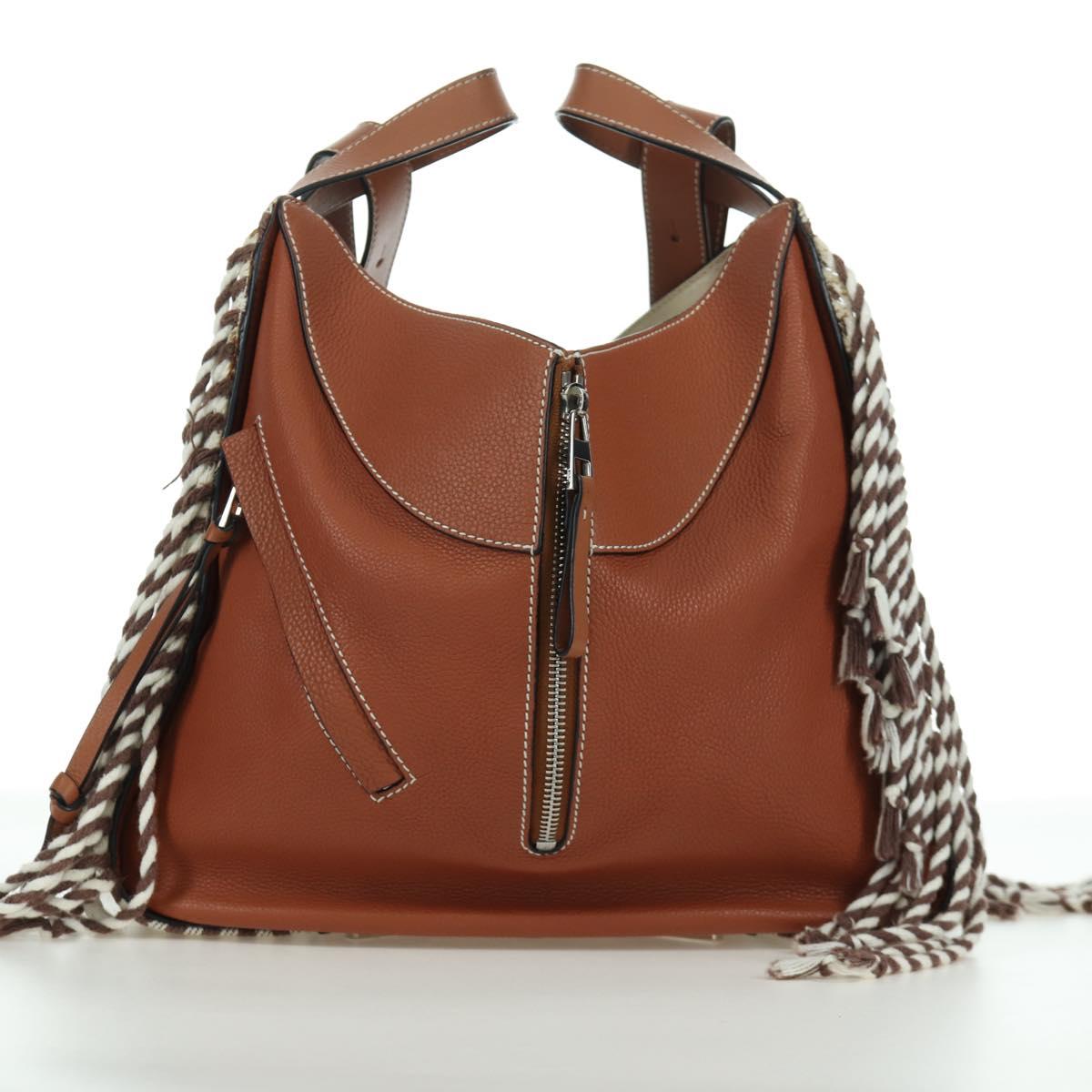 LOEWE Hammock Small Hand Bag Canvas Leather 2way Brown Silver Auth BAZ780V