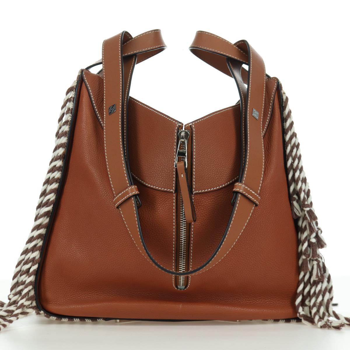 LOEWE Hammock Small Hand Bag Canvas Leather 2way Brown Silver Auth BAZ780V