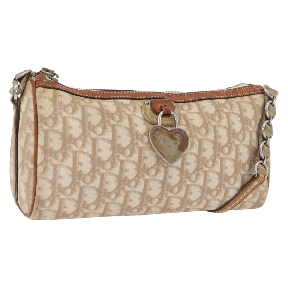 Christian Dior Trotter Romantic Chain Shoulder Bag PVC Beige Silver Auth BAZ781