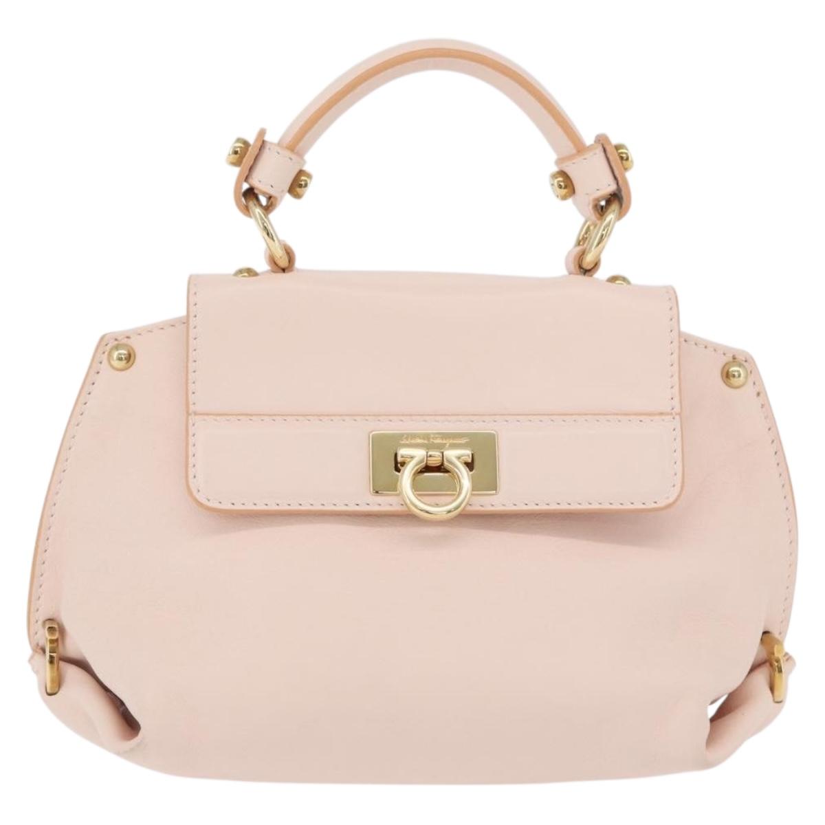 Salvatore Ferragamo Gancini Hand Bag Leather 2way Pink Gold Auth BAZ784A