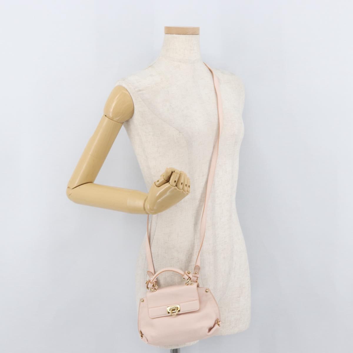 Salvatore Ferragamo Gancini Hand Bag Leather 2way Pink Gold Auth BAZ784A