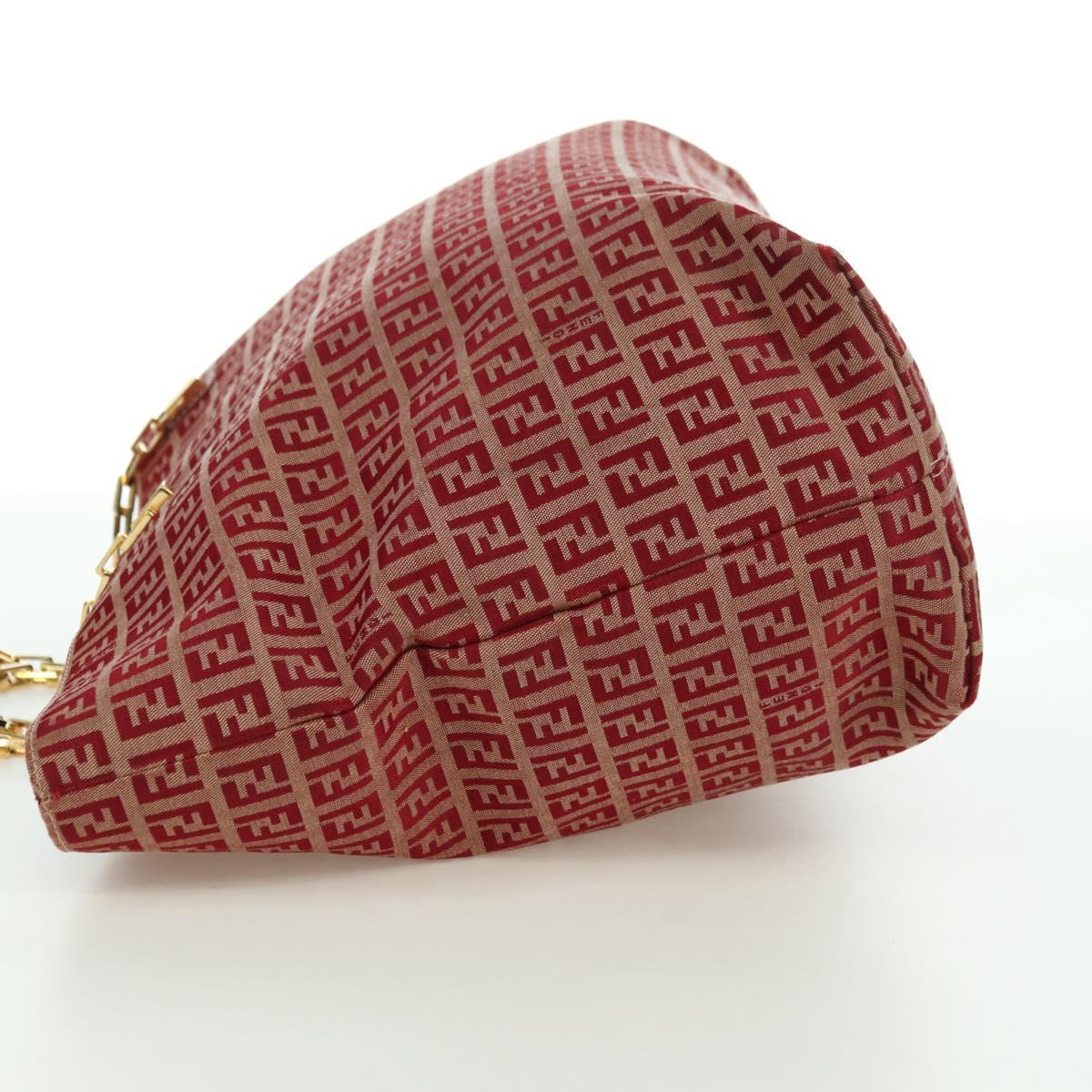 FENDI Zucchino Canvas Chain Tote Bag Red Gold Auth BAZ789V