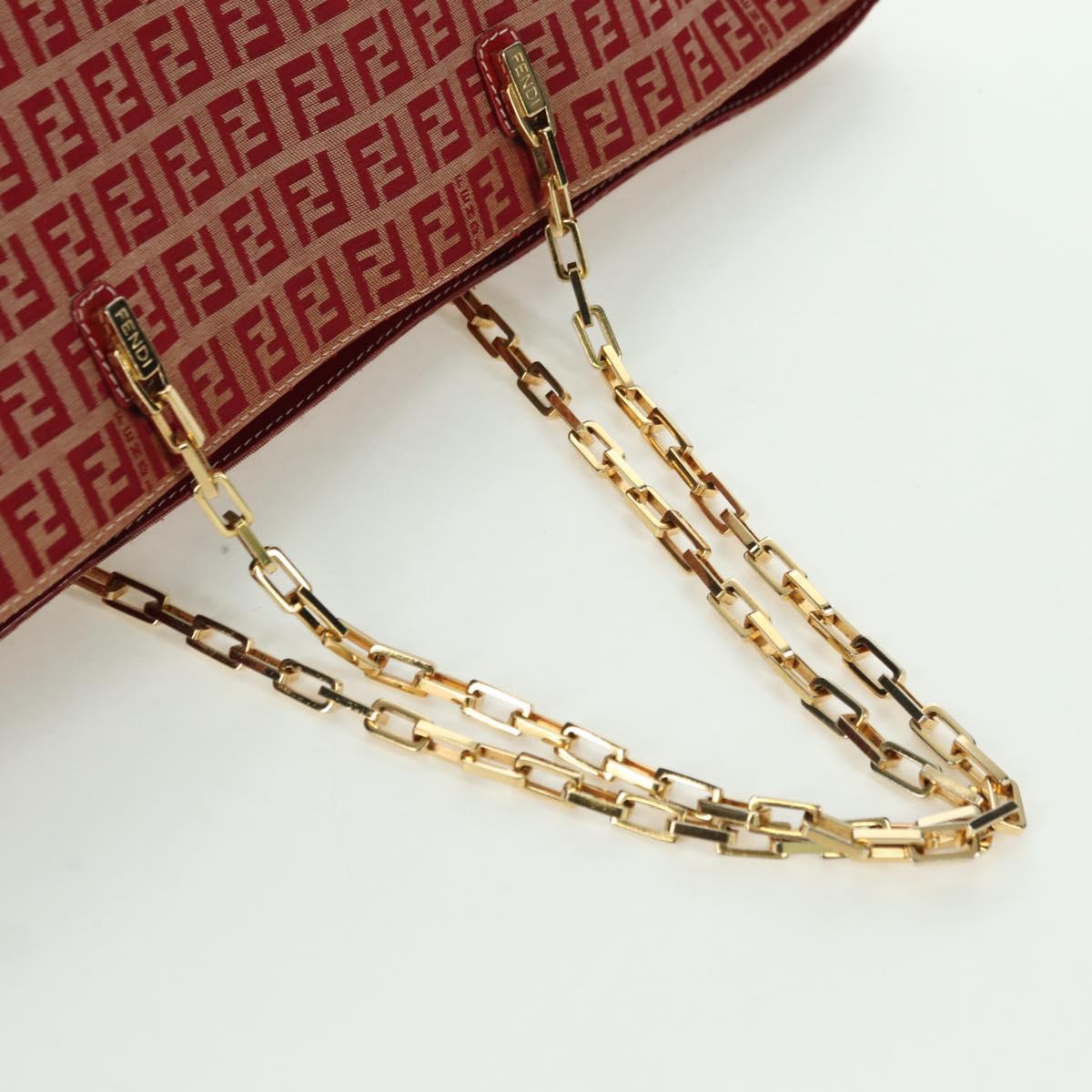 FENDI Zucchino Canvas Chain Tote Bag Red Gold Auth BAZ789V