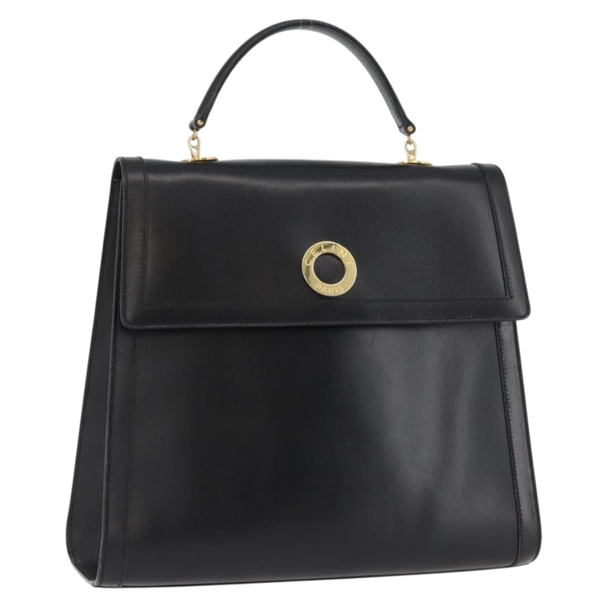 CELINE Circle Hand Bag Leather Black Gold Auth BAZ793V