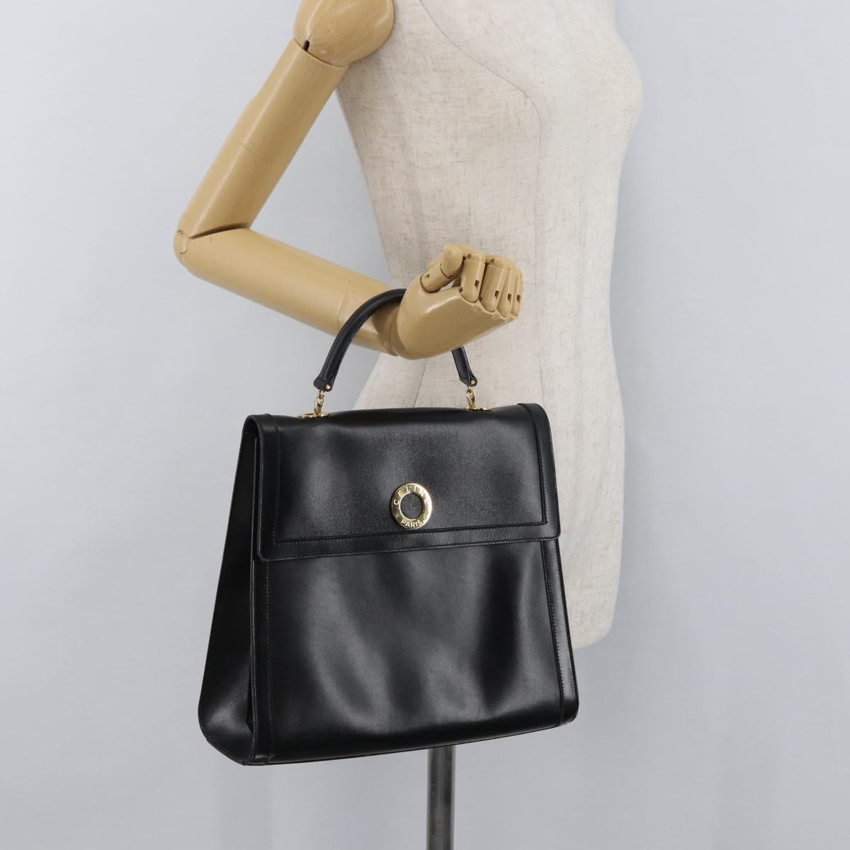 CELINE Circle Hand Bag Leather Black Gold Auth BAZ793V