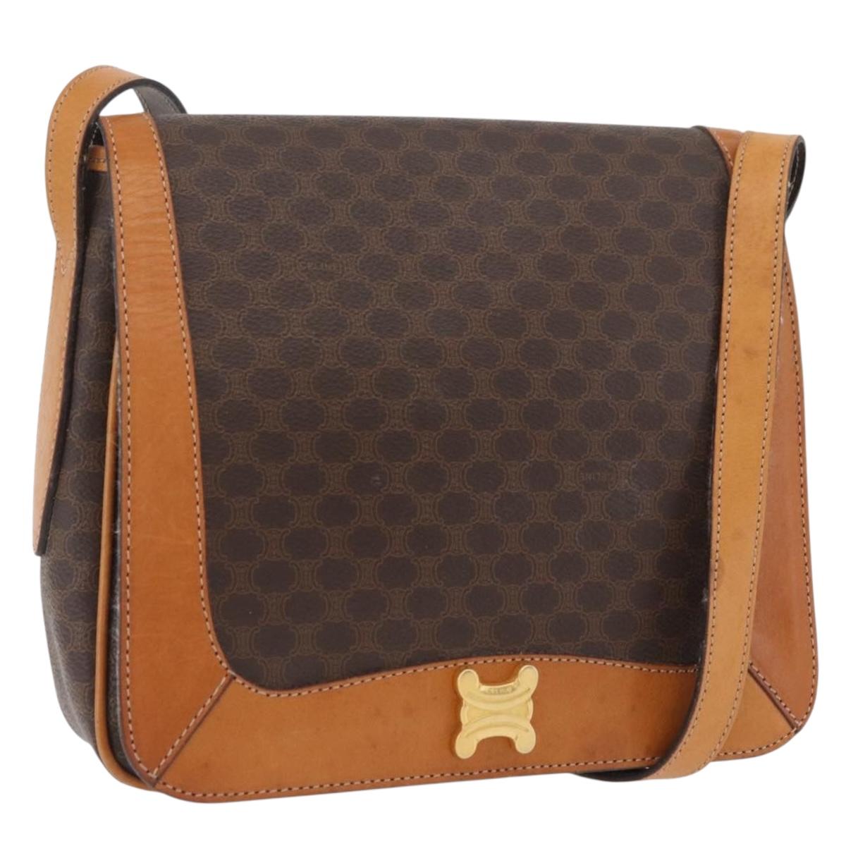 CELINE Macadam Canvas Shoulder Bag PVC Leather Brown Gold Auth BAZ794