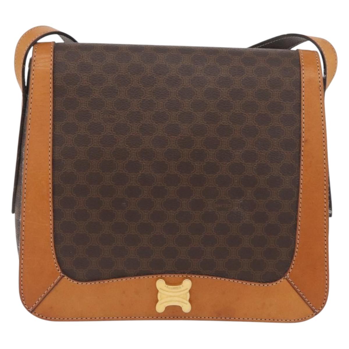 CELINE Macadam Canvas Shoulder Bag PVC Leather Brown Gold Auth BAZ794