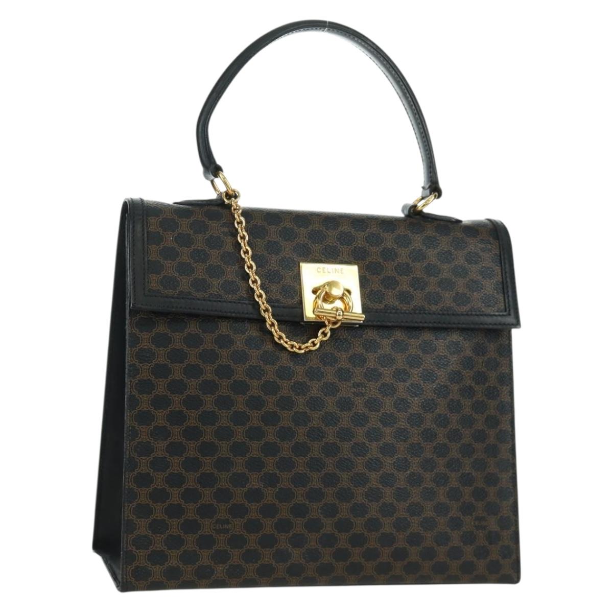 CELINE Macadam Canvas Hand Bag PVC Leather Black Gold Auth BAZ800V