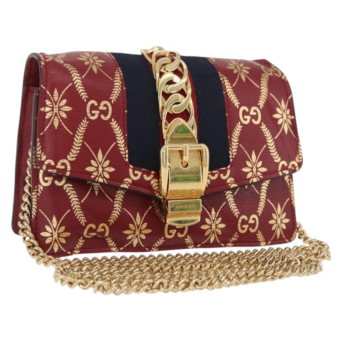 GUCCI GG Canvas Sylvie Sherry Line Chain Bag Leather Red 494646 Auth BAZ806A