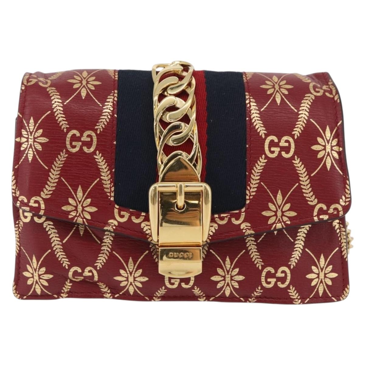 GUCCI GG Canvas Sylvie Sherry Line Chain Bag Leather Red 494646 Auth BAZ806A