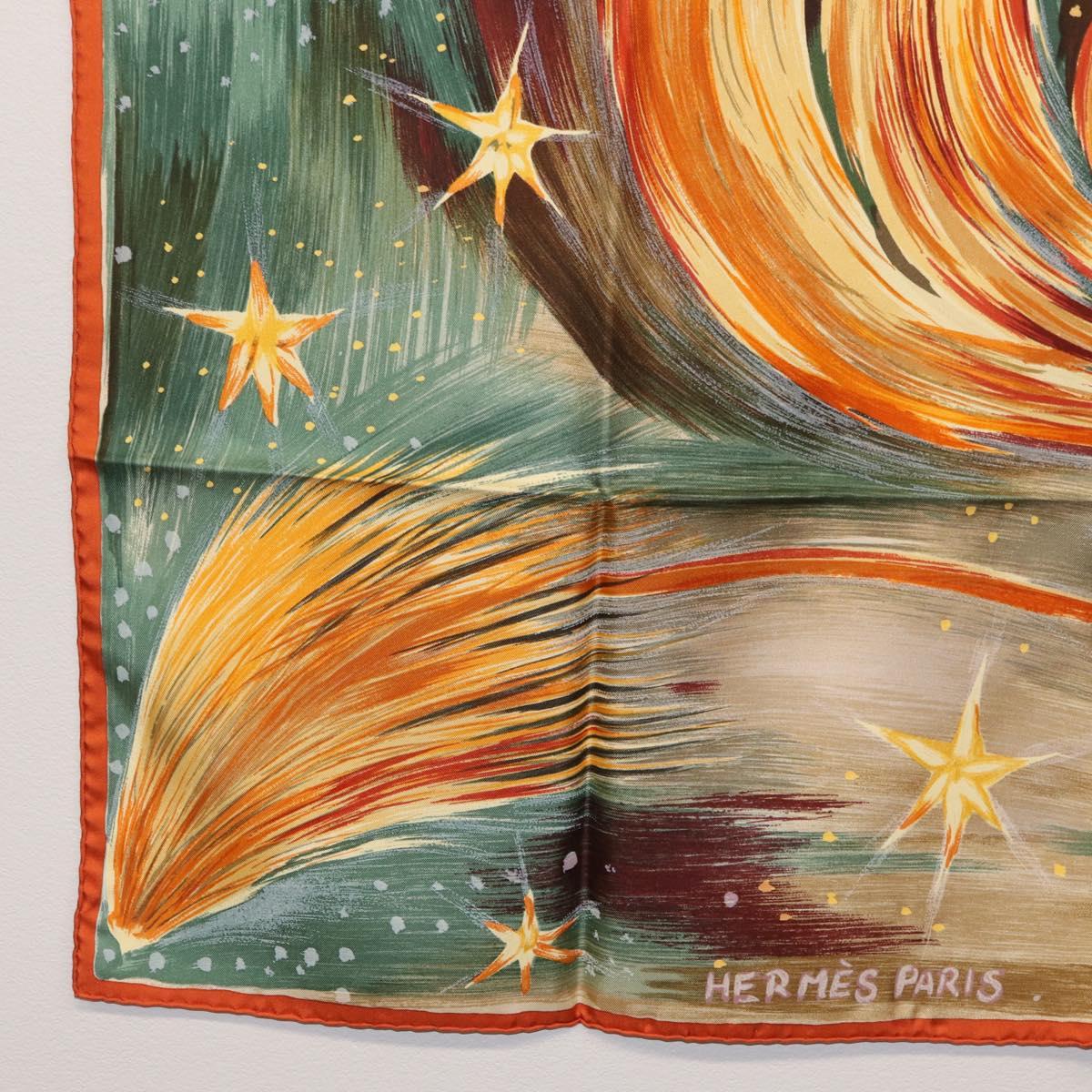 HERMES Carre 90 Scarf ""Feux du Ciel"" Silk Orange Auth BAZ823V