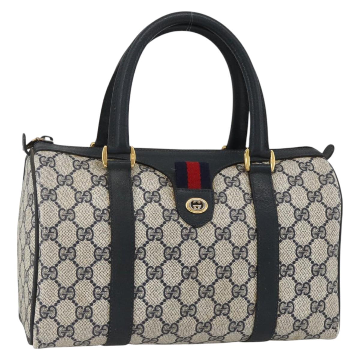 GUCCI GG Supreme Sherry Line Boston Bag PVC Navy Gold Red 40 02 006 Auth BAZ857