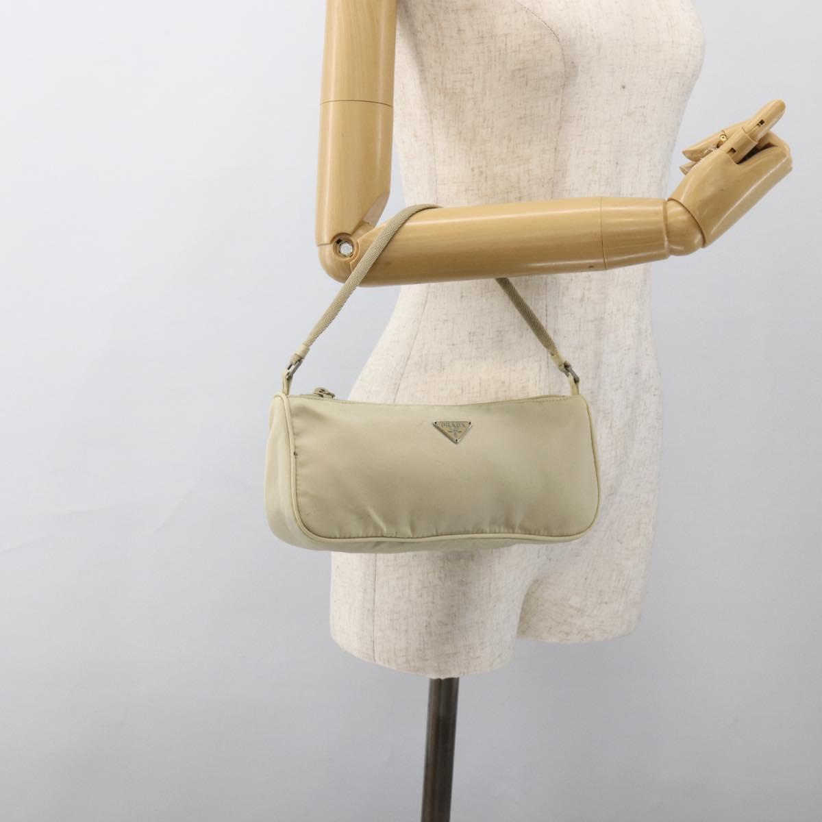 PRADA Accessory Pouch Nylon Beige Silver Auth BAZ860A