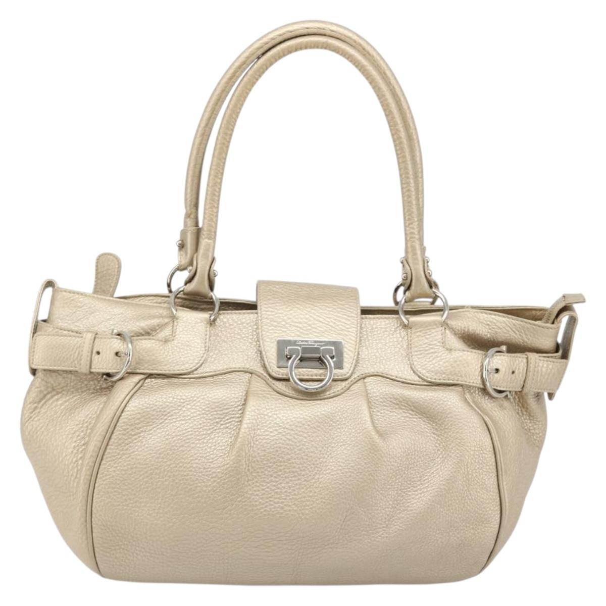 Salvatore Ferragamo Gancini Hand Bag Leather Champagne Gold Silver Auth BAZ863