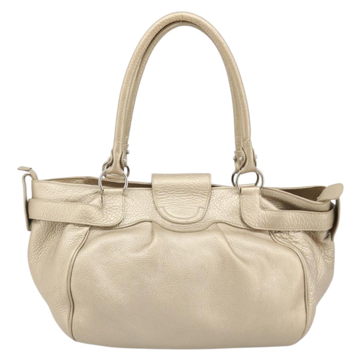 Salvatore Ferragamo Gancini Hand Bag Leather Champagne Gold Silver Auth BAZ863
