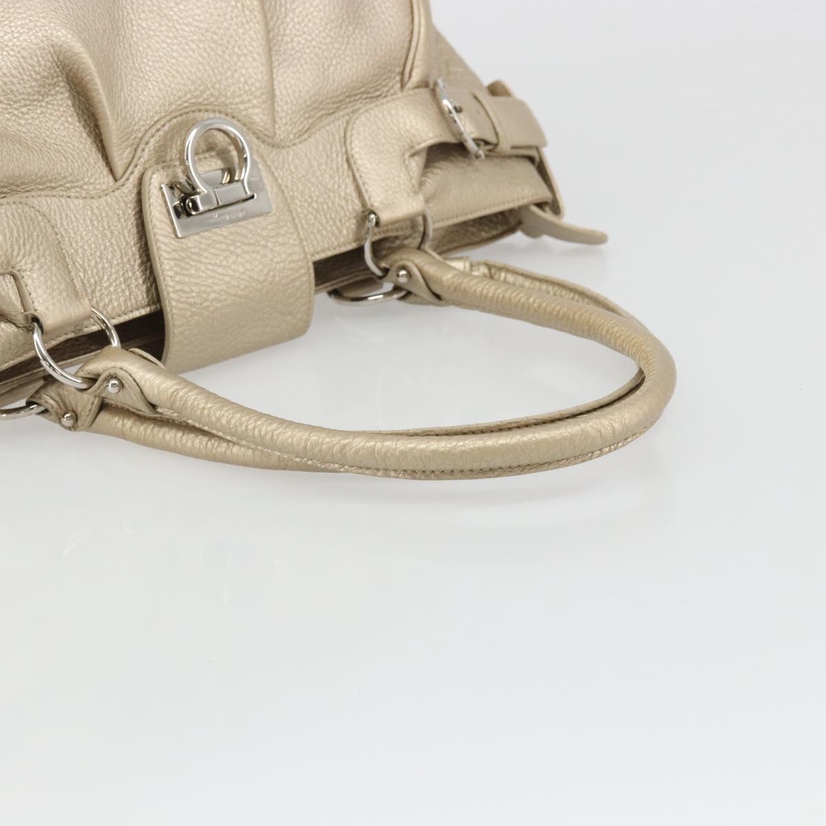 Salvatore Ferragamo Gancini Hand Bag Leather Champagne Gold Silver Auth BAZ863