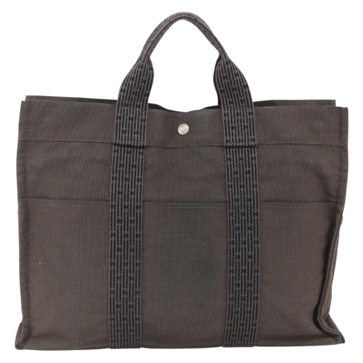 HERMES Her Line MM Hand Bag Canvas Gray Silver Auth BAZ866