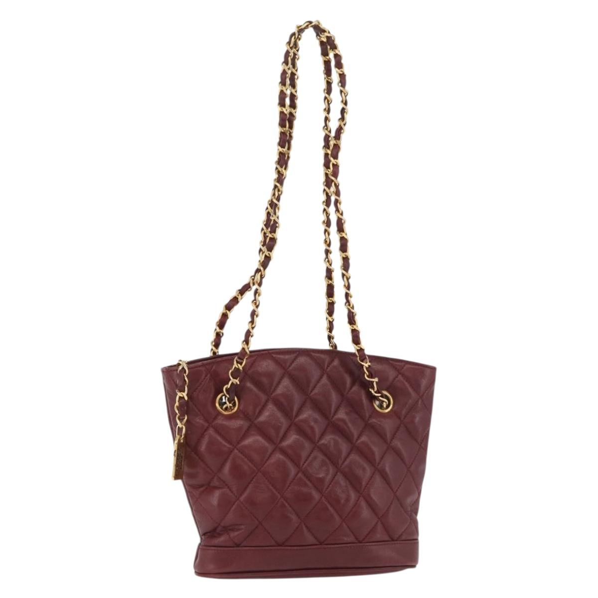 CHANEL Matelasse Chain Shoulder Bag Lamb Skin Bordeaux Gold CC Auth BAZ867