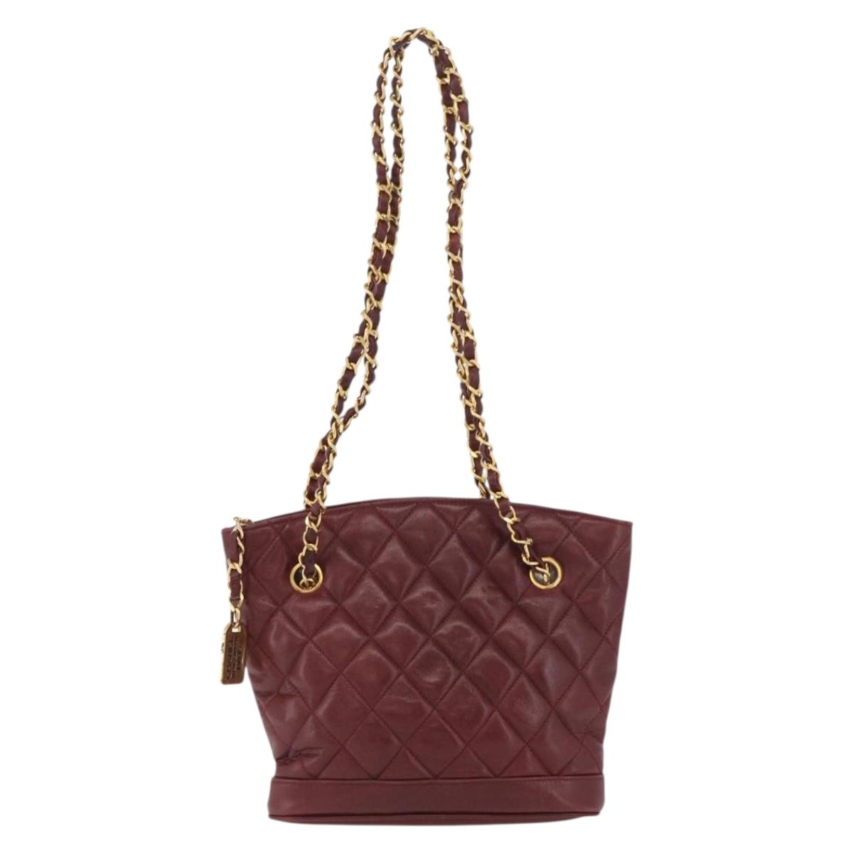 CHANEL Matelasse Chain Shoulder Bag Lamb Skin Bordeaux Gold CC Auth BAZ867