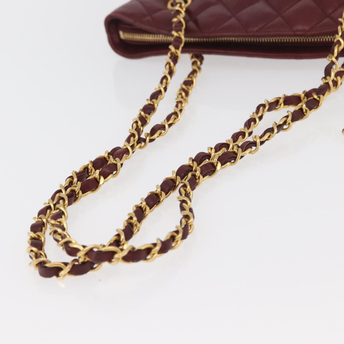 CHANEL Matelasse Chain Shoulder Bag Lamb Skin Bordeaux Gold CC Auth BAZ867